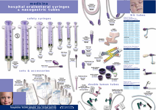 medicina hospital oral/enteral syringes & nasogastric tubes  Enteral Extension Set 150cm long  Ref: EP150 NHS Code: FWM744  NG tubes safety syringes  Enteral Extension Set 75cm long  Ref: EP075 NHS Code: FWM893  Adult NG Plaster  Ref: NP01  Male Gastrostomy Adaptor  Paediatric NG Plaster  Ref: M19400/V  Ref: NP02  NHS Code: FWM746  short-term infant paediatric nasogastric tubes Tube Description SG4/50 4FR X 50CM SG4/80 4FR X 80CM SG5/50 5FR X 50CM SG5/80 5FR X 80CM SG6/50 6FR X 50CM SG6/80 6FR X 80CM SG8/50 8FR X 50CM SG8/80 8FR X 80CM SG8/120 8FR X 120CM SG10/80 10FR X 80CM SG10/120 10FR X 120CM SG12/80 12FR X 80CM SG14/80 14FR X 80CM WEIGHTED SG6/50W 6FR X 50CM SG6/80W 6FR X 80CM SG8/80W 8FR X 80CM SG10/80W 10FR X 80CM SG12/80W 12FR X 80CM  NHS Code  FWM751 FWM747 FWM752 FWM748 FWM753 FWM749 FWM755 FWM750 FWM754 FWM865 FWM866 FWM867 FWM868 FWM869 FWM870 FWM871  2.5ml 5ml  Ref: PE25  Ref: PE05  NHS Code: FTA040  NHS Code: FTA041  20ml  Milk Straw  NHS Code: FTA044  Ref: C020  Ref: PE20 Ref: PE60 Catheter Tip Syringe 60ml  Singly packed  Ref: M158/1 NHS Code: FWD090  Indicator Strips  Medicines Needle  Enteral Filter  NHS Code: FTA047  NHS Code: FWD077  NHS Code: FVK137  NHS Code: FTA046  60ml  Pack of 8  Ref: M158/8  NHS Code: FTA039  10ml  Ref: PE10  Ref: MN01  Ref: RF01  Ref: IN01 Male/Female Cap NHS Code: FWD089  Ref: EF01  NHS Code: FTA048  250ml capacity NHS Code: FWM997 250ml capacity WIDE BORE  Ref: MED250W  500ml capacity  Bottle Adaptor 14-16mm  Medicines Straw Enteral Drainage Bag  Ref: BA02  Ref: C005  Bottle Adaptor 17-20mm  NHS Code: FVK136  100ml capacity  Ref: BA03  Ref: MED100 NHS Code: FWM996  Ref: MED500 NHS Code: FWM998  Ref: BA01  Ref: BA04  Enteral Drainage Bag  Enteral Drainage Bag  Medicine Bottle Adaptor  Bottle Adaptor 24-26mm  sets & accessories Ref: MED250  NHS Code: FWM745  Ref: 20-110/V  Filter Straw  Ref: PE60B  long-term fine-bore nasogastric tubes  Male Cap  1ml  Ref: PE01  double lumen tubes  Enteral Drainage Bag  Double Lumen Tube  50ml capacity  with external guide-wire  Ref: MED050  Ref: EF2E NHS Code: FWM618  Double Lumen Tube  Tube Description Code NGP6/55 6FR X 55CM NGP6/75 6FR X 75CM NGP6/85 6FR X 85CM NGP8/55 8FR X 55CM NGP8/75 8FR X 75CM NGP8/85 8FR X 85CM NGP8/120 8FR X 120CM NGP10/85 10FR X 85CM NGP10/120 10FR X 120CM WEIGHTED NGP8/85W 8FR X 85CM NGP10/85W 10FR X 85CM  NHS FWM1007 FWM1006 FWM1005 FWM1004 FWM1003 FWM1002 FWM1001 FWM1000 FWM999 FWM882 FWM883  short term wide-bore nasogastric tubes Tube RT6/80 RT8/80 RT10/80 RT12/100 RT14/100 RT16/100 RT18/100 RT20/100  Description 6FR X 80CM 12FR X 80CM 10FR X 80CM 12FR X 100CM 14FR X 100CM 16FR X 100CM 18FR X 100CM 20FR X 100CM  NHS Code  FWM884 FWM885 FWM886 FWM887 FWM888  long term silicone nasogastric/ jejunal tubes Tube SG6/85WSIL SG8/85WSIL SG10/85WSIL  Description 6FR X 85CM 8FR X 85CM 10FR X 85CM  with internal guide-wire  Ref: EF2  NHS Code: FWM617  Double Lumen Neonatal Suction Tube  Ref: NF02  U n i t 2 , R i v i n g t o n V i e w B u s i n e s s Pa r k , S t a t i o n Ro a d , B l a c k r o d , B o l t o n B L 6 5 B N  Te l e p h o n e : 0 1 2 0 4 6 9 5 0 5 0 F a x : 0 1 2 0 4 6 9 7 7 5 5 e m a i l : i n f o @ m e d i c i n a . c o . u k w w w. m e d i c i n a . c o . u k  