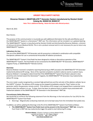 SMARTABLATE Generator Urgent Field Safety Notice March 2015