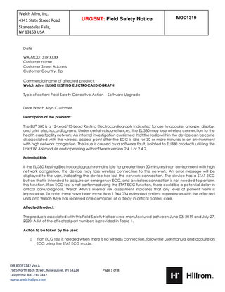 Welch Allyn ELI380 Urgent Field Safety Notice Nov 2020 - Network connectivity issue