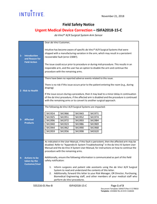 da Vinci Xi and X Urgent Medical Device Correction Nov 2018