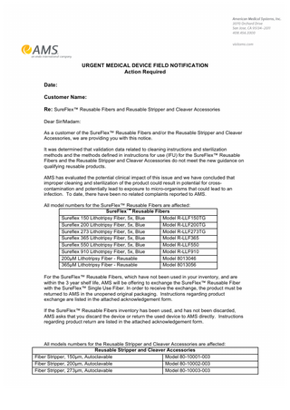 SureFlex Reusable Fibers and Strippers Urgent Medical Device Field Notification July 2015