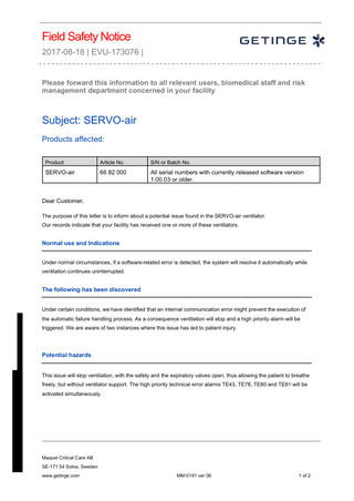 SERVO-air Ventilators Field Safety Notice Aug 2017