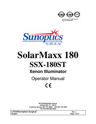 SSX-180ST Xenon Illuminator Operator Manual Rev L