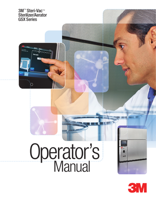 Table of Contents Explanation of Symbols... 2 11. 3M™ Cycle Programmer... 31 Product and package labels and pictograms ...2  11.1. 3M™ Cycle Programmer Overview ...31  Operator Manual...3  11.2. 3M™ Cycle Programmer Hardware and Software Requirements...31  Content Disclaimers ... 3  13.3.1. Cycle Stages and Descriptions ...66 13.3.2. Cycle Reports...67  13.4. Cartridge Dispose Cycle for 3M™ Steri-Gas™ EO Gas Cartridges ...70  11.2.1. Hardware Requirements ...31  13.5. Ethernet Connection ...70  1. Description ... 4  11.2.2. Software Requirements ...32  13.5.1. Network Connections ...70  2. Intended Use... 5  11.3. Installing the 3M™ Cycle Programmer...32  13.5.2. IP Addresses ...70  3. Safety ... 6  11.4. Creating a Cycle in the 3M™ Cycle Programmer ...34  4. Dangers and First Aid... 7  11.5. Defining Set Points for Cycle Stages and Parameters .37  4.1. Dangers ...7  11.5.1. Preheat Stage ...37 11.5.2. Air Removal Stage ...37  4.2. First Aid...8  11.5.3. Chamber Test Stage ...37  5. Warnings ... 9  11.5.4. Conditioning Stage ...38  6. Cautions ... 10  11.5.5. EO Injection Stage ...39 11.5.6. EO Exposure Stage ...40  7. Specifications... 11  11.5.7. EO Removal Stage...40  7.1. 3M™ Steri-Vac™ Sterilizer/Aerator GSX Series Structural Specifications ...11  11.5.8. Flushing Stage ...41  7.2. Sound Power Levels Specifications...11  11.5.10. Save a Custom Cycle...42  7.3. Power Specifications ...11  11.5.9. Aeration Stage ...42 11.5.11. Standby Stage...43 11.5.12. Estimated Total Cycle Time ...43  7.4. Air Supply Specifications ...12  8. Compliance and Reference Standards ... 12 8.1. Device Safety Compliance...12 8.2. Electromagnetic Compatibility (EMC) Compliance...12  9. Installation and Set Up... 13 9.1. Environmental Operating Conditions ...13 9.2. Room and Installation Requirements...14 9.3. Set up and Connections ...15  10. Using the Touch Screen... 18 10.1. Main Screen ...18 10.2. Menu ...18  11.6. Importing Custom Cycles to the 3M™ Steri-Vac™ Sterilizer/Aerator GSX Series ...44 11.7. Running Custom Cycles on the 3M™ Steri-Vac™ Sterilizer/Aerator GSX Series ...47  13.5.3. Software Security ...71 13.5.4. Software Updates ...71 13.5.5. Firmware Updates ...71  13.6. Distilled Water Reservoir ...72 13.7. Printer Overview...72 13.8. Unloading the 3M™ Steri-Vac™ Sterilizer/ Aerator GSX Series ...72 13.8.1. Unloading the 3M™ Steri-Vac™ Sterilizer/ Aerator GSX Series – Cycle Complete ...73  13.9. Accessing the Chamber – Aeration Not Complete...74 13.10. Empty 3M™ Steri-Gas™ Ethylene Oxide (EO) Gas Cartridges...75 13.11. Aeration of a Biological Indicator Process Challenge Device (BI PCD)...75 13.12. Sterilization Cycle Cancellations...75 13.12.1. Manual Cycle Cancellation ...75 13.12.2. Automatic Cycle Cancellation ...75  13.13. Power Outages...75  11.8. Managing Custom Cycles on the 3M™ Steri-Vac™ 14. Process Monitoring and Load Release ... 76 Sterilizer/Aerator GSX Series ...48 14.1. Physical Parameters and Requirements...76 11.9. Replacing Cycles on the 3M™ Steri-Vac™ Sterilizer/ 14.2. Biological Indicators and Process Challenge Devices..78 Aerator GSX Series With the Same Name ...49 11.10. Removing Custom Cycles from the 15. Routine Maintenance ... 79 3M™ Steri-Vac™ Sterilizer/Aerator GSX Series ...50 15.1. Daily Cleaning ...79 11.11. Cycle Reports ...51 15.2. Air Supply Line Filters ...79 11.11.1. Custom Cycle Set Points ...51 11.11.2. Export Cycle Data ...52  15.3. Preventative Maintenance ...80  16. Cautions, Error Messages, and Troubleshooting ... 81 10.3. Reports ...19 12. Medical Device Packaging and Loading ... 53 16.1. Caution Messages...81 10.3.1. Cycle Reports...19 12.1. Preparing Medical Devices for Sterilization ...53 10.3.2. Ethylene Oxide Usage Reports...20 10.3.3. Site Setup Report ...21 10.3.4. Printer Form Feed...22  12.1.1. Preparing Endoscopes for EO Sterilization...53  16.2. Error Messages ...82  12.2. Packaging Medical Devices...54  16.3. Error Levels and Corrective Actions...83  12.2.1. Packaging Endoscopes for EO Sterilization...54  17. Repair and Replacement ... 85  10.4. Cycle Categories...22  12.2.2. Recommended Packaging ...54  10.4.1. Operator Cycles...22  12.2.3. Non-compatible Packaging ...54  18. Preventative Maintenance ... 85  10.4.2. Supervisor Cycles ...23  12.2.4. Package Medical Devices ...55  19. Ordering Accessories and Supplies... 86  10.5. Setup Menu ...24 10.5.1. Site Setup ...24  12.3. Loading the 3M™ Steri-Vac™ Sterilizer/ 20. 3M™ Cycle Programmer Support and Aerator GSX Series ...55 Software Updates... 87  10.5.2. User Setup ...28  12.3.1. Loading Recommendations...55  10.6. Status ...30  12.3.2. Loading Medical Devices and Instruments ...55  10.6.1. Control...30  13. Operating Instructions ... 56  10.6.2. Info ...30  13.1. Starting a Cycle ...56  10.6.3. Log ...30  13.2. Display Screen Indications ...65 13.3. Overview of GSX Series Ethylene Oxide (EO) Sterilization Cycle ...66  Contact Information ...87 U.S. Ordering Information ...87 Orders for Supplies (e.g. 3M™ Steri-Gas™ EO Gas Cartridges, 3M™ Attest™ Biological Indicators, 3M™ Printer Paper)* ...87  