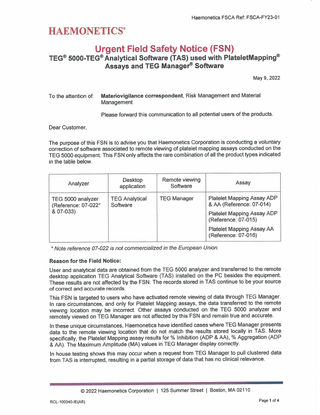 Heamonetics TEG-5000 Urgent Field Safety Notice Remote viewing software issue May 2022