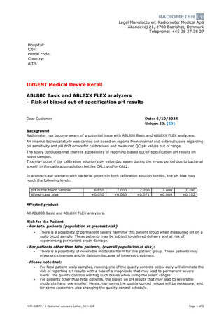 ABL800 and ABL8XX FLEX Urgent Medical Device Recall