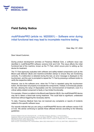 multiFiltratePRO Field Safety Notice 