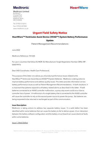 HeartWare HVAD System Urgent Field Safety Notice Patient Management Recommendations June 2022