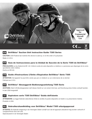 ENGLISH... ESPAÑOL... Français... Deutsch... Italiano... Nederlands...  EN-2 ES-9 FR-16 DE-23 IT-31 NL-39  Table of Contents IEC Symbols... Important Safeguards... International Travel... Introduction... Important Parts... Accessory/Replacement Items... Set-Up... How to Operate Your 7305 Series DeVilbiss Suction Unit... Battery Charging ... Cleaning Instructions... Maintenance... Troubleshooting... Provider’s Notes... Specifications/Classifications... Warranty... Guidance and Manufacturer’s Declaration...  EN - 2 EN - 2 EN - 3 EN - 3 EN - 3 EN - 4 EN - 4 EN - 4 EN - 5 EN - 5 EN - 6 EN - 6 EN - 6 EN - 6 EN - 7 EN - 7  IEC SYMBOLS  IP12  Attention, consult instruction guide  Center positive polarity indicator  Keep dry  Consult instructions for use  Type BF equipment-applied part  Do not get wet  Direct current  “On” compressor  Alternating current  “Off” compressor (external battery charging)  Choking Hazard – Small parts not for children under 3 years or any individuals who have a tendency to place inedible object in their mouths.  IPX2 vertically falling drops shall have no harmful effects when the enclosure is tilted at an angle up to 15° on either side of the vertical. This device contains electrical and/or electronic equipment that must be recycled per EC Directive 2002/96/EC-Waste Electrical & Electronic Equipment  IMPORTANT SAFEGUARDS When using electrical products, especially when children are present, basic safety precautions should always be followed. Read all instructions before using. Important information is highlighted by these terms: DANGER– Urgent safety information for hazards that will cause serious injury or death. WARNING– Important safety information for hazards that might cause serious injury. CAUTION– Information for preventing damage to the product. NOTE– Information to which you should pay special attention.  READ ALL INSTRUCTIONS BEFORE USING THIS DEVICE.  SAVE THESE INSTRUCTIONS. DANGER To reduce the risk of electrocution: 1. Do not use while bathing. 2. Do not place or store product where it can fall or be pulled into a tub or sink. 3. Do not place in or drop into water or other liquid. 4. Do not reach for a product that has fallen into water. Unplug immediately.  warning To reduce the risk of burns, electrocution, fire or injury to persons: 1. Close supervision is necessary when this product is used by, on, or near children or physically incapacitated individuals. 2. Use this product only for its intended use as described in this guide. 3. Never operate this product if a.		 It has a damaged power cord or plug. b.		 It is not working properly. EN - 2  A-704  