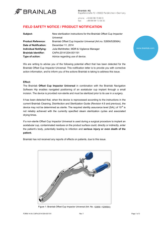 Brainlab Offset Cup Impactor Universal Field Safety Notice Dec 2014