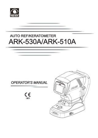 Table of Contents 1. BEFORE USE... 1 1.1 Outline of the Device...1 1.2 Intended Use...1 1.3 Principles...2 1.4 Configuration...3 1.5 Measurement Screen Layout...8 1.6 Labels...14 1.7 Checking Contents...16 1.8 Before First Use...17  2. OPERATING PROCEDURE... 21 2.1 Operation Flow...21 2.2 Preparation for Measurement...22 2.2.1 2.2.2 2.2.3 2.2.4  Checking the measuring window cleanliness at device start-up...29 Switching to manual mode...30 Sleep mode...31 Finishing the measurement...31  2.3 AR (refractive error) and KM (corneal curvature radius) Measurements: AR/KM Measurement Mode...32 2.3.1 2.3.2 2.3.3  Cataract measurement mode...41 Measurement ring image display...42 KM peripheral measurement...43  2.4 AR (refractive error) Measurement: AR Measurement Mode...44 2.5 KM (corneal curvature radius) Measurement: KM Measurement Mode...46 2.6 Vision Comparison Function...49 2.6.1  Importing LM Data...53  2.7 CS (Corneal Size) Measurement...54 2.8 PS (Pupil Size) Measurement...56 2.9 PD (Pupillary Distance) Measurement...58 2.9.1 2.9.2  Auto PD measurement...58 Manual PD Measurement...58  2.10 Sagittal Radius Measurement...60 2.11 Measuring Hard Contact Lenses...63 2.12 Printing...65 2.12.1 Printing measured data...65 2.12.2 Eyeprint...68  XI  