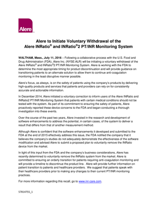 INRatio PTINR Monitoring System July 2016