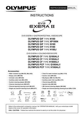 GIF TYPE x180 Series GASTROINTESTINAL VIDEOSCOPE Reprocessing Manual Dec 2009