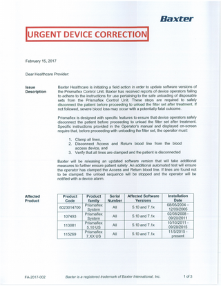 Prismaflex Control Unit Urgent Device Correction Feb 2017