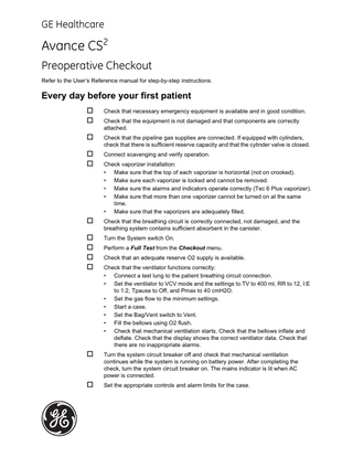 Avance CS2 Preoperative Checkout