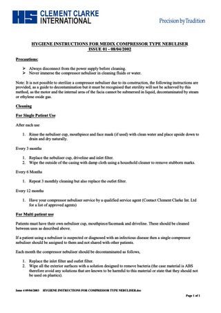 Hygiene Instructions for MEDIX Compressor Type Nebuliser Issue 01 April 2002