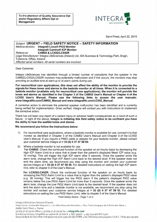 Licox PtO2 and Camino ICP Monitor Urgent Field Safety April 2015