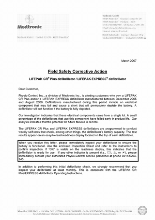 LIFEPAK CR Plus and EXPRESS  Field Safety Notice March 2007