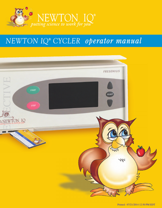 TABLE OF CONTENTS 1.  GETTING YOUR CYCLER READY ...1  EFFECTIVE  a. Receiving the Cycler ...1 b. Setting-Up the Cycler ...1 c. Cycler Stand Assembly Instructions ...2 d. Cycler Control Unit Setup ...3 2.  THE CYCLER FRONT PANEL ...7  3.  TYPES OF THERAPY ...9 a. PD Plus Therapy ...9 b. Continuous Cycling Peritoneal Dialysis (CCPD) ...9 c. Intermittent Peritoneal Dialysis (IPD) ...10 d. Tidal Peritoneal Dialysis (TPD) ...10  4.  SETTING THE CYCLER DATE AND TIME ...11  5.  TREATMENT SETTINGS AND OPTIONS ...12 a. Patient Weight (PT WEIGHT) ...13 b. Number of Fills (# FILLS)...13 c. Number of Pauses (# PAUSES) ...13 d. Pause Volume (PAUSE VOL) ...14 e. CCPD Volume (CCPDVOL) ...15 f. Last Fill Volume (LAST FILL) ...15 g. Total Volume (TOTAL VOL) ...16 h. Fill Time (FILL TIME)...16 i. Dwell Time (DWELL TIME) ...16 j. Drain Time (DRAIN TIME) ...16 k. Sleep Time (SLEEP TIME) ...17 l. Data Sheet (DATA SHEET) ...17 m. Patient Data (PATIENT DATA) ...18 n. Fast Fill/Drain (FAST FILL/DRAIN) ...18 o. Last Bag Alarm (LAST BAG ALARM) ...19 p. Prewarm Bags (PREWARM BAGS) ...20 q. RX Start Time (RX START TIME) ...20 r. Tidal Settings (TIDAL SETTINGS) ...21  ii  P/N 470203 Rev. H Printed : 07/21/2014 12:50 PM EDT  