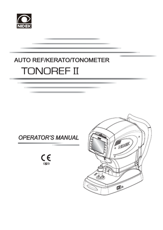 Table of Contents 1. BEFORE USE... 1 1.1 Outline of the Device...1 1.2 Intended Use...2 1.3 Principles...3 1.4 Device Description...4 1.5 Measurement Screen Description...9 1.5.1 1.5.2  R/K measurement screen...9 NT measurement screen...14  1.6 Labels and Indications on the Device...16 1.7 Checking Contents...17 1.8 Before First Use...18  2. OPERATING PROCEDURE... 23 2.1 Operation Flow...23 2.2 Preparation for Measurement...24 2.2.1 2.2.2  Measuring window check for soiling and puffed air pressure check during startup 29 Switching between R/K measurement and NT measurement...31  2.3 Finishing the Measurements...33 2.3.1 2.3.2  Normal shutoff...33 Shutoff before transporting the device...34  2.4 Selecting the Mode...35 2.4.1 2.4.2  Switching to manual mode...37 Sleep mode...38  2.5 AR (refractive error) and KM (corneal curvature radius) Measurements . . .39 2.5.1 2.5.2 2.5.3 2.5.4 2.5.5 2.5.6 2.5.7  AR (refractive error) and KM (corneal curvature radius) measurements: AR/KM measurement mode...40 AR (refractive error) Measurement: AR Measurement Mode...50 KM (corneal curvature radius) Measurement: KM Measurement Mode...52 CS (Corneal Size) Measurement...54 PS (Pupil Size) Measurement...57 PD (Pupillary Distance) Measurement...60 Measuring Hard Contact Lenses...62  2.6 NT (Tonometry) Measurement: NT Mode...64 2.6.1  Eyelid detection mode...74  2.7 Printing...75 2.7.1 2.7.2 2.7.3  Printing measured data...75 Eyeprint...78 Printing parameter settings...79  XI  