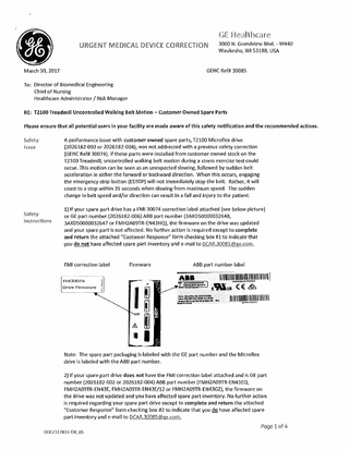 T2100 Treadmill Urgent Medical Device Correction March 2017