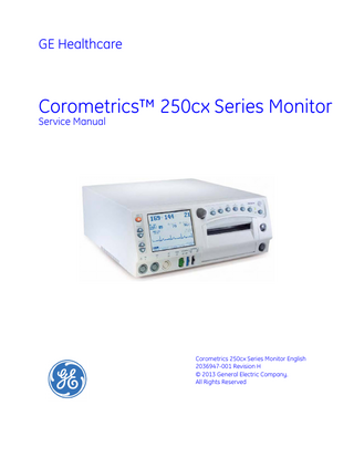 Table of Contents  Compliance...xviii Components of the Certified Systems...xviii Component Description...xviii Exceptions...xviii Monitor System EMC: Immunity Performance...xviii  About this Manual... 1 Scope and Intended Users ...1 Conventions... 1 User Responsibility...1 References... 2 Definitions of Terms...2 Symbols... 3  Important Safety Information... 5 Warnings, Cautions and Notes...6 Electromagnetic Interference...9  Chapter 1: System Description... 11 1.1 System Overview... 11 1.2 Front Panel Controls, Indicators, and Connectors... 13 1.3 Display Description... 15 1.3.1 Primary Labor Parameters... 16 1.3.2 Additional Parameters ... 16 1.3.3 Waveform... 16 1.3.4 Time... 16 1.3.5 Softkeys... 16 1.4 Rear Panel Descriptions... 19 1.5 Peripherals Description... 21 1.5.1 CorometricsTM 340 Telemetry and Mini Telemetry ... 21 1.5.2 Quantitative Sentinel/Perinatal System... 22 1.5.3 Exergen® TAT-5000TM...22 © 2013 by General Electric Company. All rights reserved.  2036947-001  xiii  
