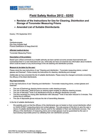 Tonometer Cleaning , Disinfection Field Safety Notice Sept 2012