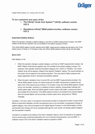 The Infinity Acute Care System and M540 Monitor Important Safety Notice March 2018