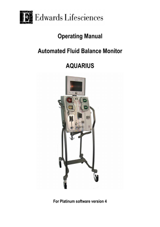 Table of Contents 1.  2.  GETTING STARTED WITH AQUARIUS... 1 1.1.  Setting Up ... 1  1.2.  Installation ... 1  1.3.  Equipment: Disposables and Consumables... 1  1.4.  Waste Management... 2  1.5.  Materials Used ... 2  1.6.  Transport and Storage ... 2  1.7.  Packing... 3  1.8.  Service... 3  1.9.  Set time and date... 3  INTRODUCING AQUARIUS ... 4 2.1.  General Machine Description ... 4  2.2. Proper Usage / Fields of Application... 8 2.2.1. SCUF (Slow Continuous Ultra-filtration):... 8 2.2.2. CVVH (Continuous Veno-Venous Hemofiltration):... 9 2.2.3. CVVHD (Continuous Veno-Venous Hemodialysis):... 10 2.2.4. CVVHDF (Continuous Veno-Venous hemodiafiltration):... 11 2.2.5. TPE (Therapeutic Plasma Exchange):... 12 2.2.6. Hemoperfusion (Blood Detoxification):... 13 2.3.  Labelling... 14  2.4.  Side Effects, Contraindications ... 15  2.5.  Safety Instructions and Warnings ... 15  2.6. Operational Sequence (Modes)... 16 2.6.1. System test ... 16 2.6.2. System test failed... 16 2.6.3. Preparation ... 16 2.6.4. Priming... 17 2.6.5. Clamp & Pressure Test... 17 2.6.6. Recirculation ... 17 2.6.7. Connecting the Patient... 17 2.6.8. Treatment ... 18 2.6.9. Disconnecting the Patient ... 18 2.6.10. Terminating the Treatment... 18  3.  2.7.  Operating Concept ... 18  2.8.  Safety Concept ... 21  Performing a Treatment with AQUARIUS ... 22 3.1.  Preparing AQUARIUS... 22  3.2.  Priming mode - Priming the AQUARIUS... 24  3.3.  Recirculation mode - Recirculating saline solution ... 25  3.4.  Programming - Entering Patient Parameters ... 26  