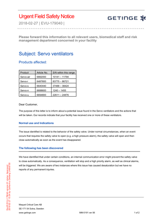 SERVO Ventilator series Urgent Field Safety Notice Feb 2018