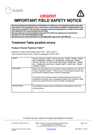 Precise Treatment Table Urgent Important Field Safety Notice April 2016