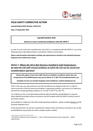 Laerdal Suction Units ( LSU) Field Safety Notice Sept 2016