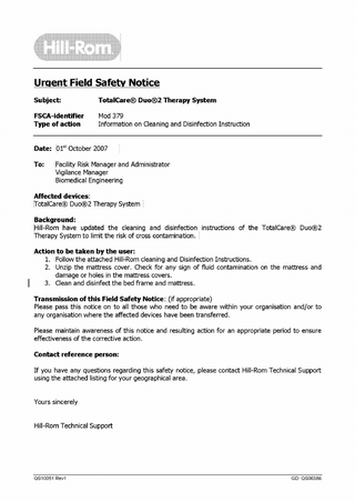 TotalCare Duo Therapy System Urgent Field Safety Notice Oct 2007