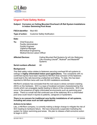 Ceiling Mounted Overhead Lift Rail System Urgent Field Safety Notice Feb 2013