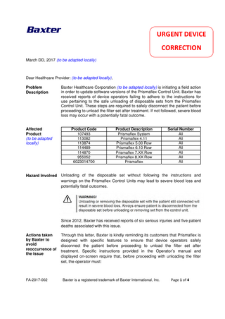 Prismaflex Control Unit Urgent Device Correction March 2017