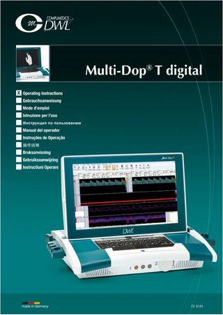 Compumedics Germany GmbH  Table of Contents 1. General ... 1-1 Classification ... 1-1 How to Use These Operating Instructions ... 1-2 Explanation of Symbols and Markings Used ... 1-3 Safety Instructions ... 1-4 Safety Instructions for Monitoring ... 1-8 Information on Thermal Indices ... 1-9 Information on Network Safety ... 1-9 Error Messages... 1-9 Information about USB Flash Drives ... 1-9 Environmental Conditions ... 1-10 Conditions for Transport and Storage ... 1-10 Instructions on Disposal ... 1-11  2. The Design ... 2-1 Relocating Holders at the Side Panels ... 2-2 Connections at Rear Panel ... 2-3 Getting Started ... 2-4 System Power ... 2-5 Checking the Basic Functions ... 2-6 Maintenance ... 2-6 Ultrasound Probes ... 2-7 Standard probes (1, 2, 2+2.5*, 4, 8 MHz), handheld ... 2-7 Monitoring probes (2, 2+2.5, 4 MHz) ... 2-8 Cleaning and Maintenance of Probes ... 2-8 16 MHz Disposable Probe ... 2-10 Further Components and Accessories ... 2-11  3. Example of a Routine Measurement ... 3-1 Preparing a Measurement ... 3-1 Carrying Out a Measurement ... 3-2 Default Parameter Settings (Standard Probes) ... 3-3  4. Technical Information... 4-1 Technical Data ... 4-1 Configuration of Analog Input/Output Connectors (15 pins) ... 4-3 Potential Equalisation ... 4-3  VIII  MDTdig e, Rev. 2  