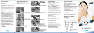 Safety instructions  Replacing the probe base  Read this manual carefully, because it contains important information on using and servicing the tonometer.  After several months of use, dust may collect in the probe base, affecting the probe movement. The probe base should be replaced if the probe no longer moves smoothly.  Replacing the batteries  • Keep this manual for future use.  Error messages:  Technical information  Press the central button to clear error messages, after which the measurement can be repeated.  Type: TA01. The device conforms to CE-regulations. Dimensions: 13 – 32 mm (W) * 45 – 80 mm (H) * 230 mm (L). Weight: 155 g (without batteries) , 250 g (4 x AA batteries). Power supply: 4 x AA batteries. Measurement range: 1-99 mmHg. Accuracy of display: ±1. Measurement accuracy: ±2,8 mmHg (5-30 mmHg), 15% (30-80 mmHg). Display unit: Millimetre mercury (mmHg). The serial number is on the back of the battery compartment cover. There are no electrical connections from the tonometer to the patient. The device has B-type electrical shock protection. Storing/transportation environment: Temperature +5 to +40 °C Rel. humidity 10 to 80 % (without condensation)  The following messages may appear:  • When you have opened the package, check for any external damage or faults. Check especially that the casing is not damaged. If you suspect that there is something wrong with the tonometer, contact the manufacturer or the distributor.  Unscrew the battery compartment locking screw with a screwdriver or a small coin.  • Use the tonometer only for measuring intraocular pressure. Any other use is incorrect. The manufacturer cannot be held responsible for any damage arising from improper use, or for the consequences thereof. • Never open the casing of the tonometer, except for the battery compartment or to change the probe base.  • bAtt ... the batteries are low. Replace the batteries. • E01 ... The probe did not move at all. If this error message is repeated, turn the tonometer so that the collar faces down for a short time. If the error message is still repeated take out the probe and replace with a new one. If the error message continues to appear, replace the probe base. • E02 ...The probe did not touch the eye. The measurement was made from too far away or the probe base is dirty.  • The manual contains instructions for replacing batteries and changing the probe base. • Never use the tonometer in wet place. • The probe base, battery compartment cover, collar and probes are so small that a child could swallow them. Keep the tonometer out of the reach of children.  Unscrew the probe base collar and put it in a safe place.  Remove the battery compartment cover.  • Do not use the device near the substances that are flammable - including flammable anaesthetic agents.  • E03 ...Probe speed was too low. The measurement was made from too far away or the tonometer was tilted upwards too much.  • Be sure that the probe contains the small plastic round tip in front.  • E04 ...Probe speed was too high. The tonometer was tilted downwards. Be sure the groove is in the horizontal position.  • Certain microbiological agents (e.g. bacteria) can be transmitted from the forehead support. To avoid this, the forehead support should be cleaned regularly with a disinfectant, e.g. an alcohol solution.  • E05 ...The hit was too “soft”. The probe hit the eyelid.  • Check that a clean new disposable probe is used before each measurement.  • The tonometer must not come into contact with the eye, except for the probes for a fraction of a second during the measurement, therefore Do not bring the tonometer into contact with the eye or push it to the eye (tip of the probe should be 4-8mm from eye).  Remove the probe base by tilting the tonometer downward and pull the probe base out of the tonometer.  • The tonometer conforms to EMC requirements (IEC 60101-1-2: 2001), but interference may occur in it if used near to (<1m) a device causing high-intensity electromagnetic emissions (like a cellular phone). Though the tonometer’s own electromagnetic emissions are well below the levels in the relevant standards, they may cause interference in another device, e.g. a sensitive sensor, nearby.  0537 CAUTION -Indicates that important operating instructions are included in this User’s and Maintenance Manual.  Spare parts and supplies • Probes in one-use package. • Probe base replacement kit.  • E07 ...”Bad bounce”. The probe did not hit the central cornea.  Diagram of tonometer functions Tonometer ON  Service procedures  • If the device is not to be used for a long time, removing the batteries is recommended, as the AA batteries may leak. Removing the batteries will not affect the subsequent functioning of the tonometer.  Ready for measurement  Old values search  00  OLD  1.18  P0 18  Turning OFF  END  00  • Replace the batteries when the <bAtt> message appears. Put new AA batteries into the tonometer according to figures inside the battery compartment. + terminals should be down on the display side of the tonometer (behind). - terminals should be up on the measurement side (the front side).  • Be sure to dispose of the one-use probes properly (e.g., in a container for disposable needles), because they may contain micro-organisms from the measured patient. Put a new probe base into the tonometer.  • Batteries, packaging materials, and probe bases must be disposed of according to local regulations.  • Change the probe base if the probe does not move smoothly. • There are no other service procedures that can be carried out by the user. All other servicing and repairs must be carried out by the manufacturer or certified service facilities.  Screw the collar in, to lock the probe base.  www.tiolat.fi  7  8  USER’S AND MAINTENANCE MANUAL  Earlier measurement values (0-9)  5.18  Replace the battery compartment cover and secure it in place by screwing it lightly with the coin or screwdriver. Be careful not to use excessive force when screwing the cover in place.  9  Shutdown  P9 18  • The device can be cleaned with a damp cloth containing desinfectant.  V2.2 12/05  Tonometer  ISO 13485:2003 certified  • E06 ...The hit was too “hard”. The probe hit the opening eyelid or calcification in the cornea. Remove the old batteries.  ®  FOR FUTURE VISION Central button (measure, confirm selecting buttons (left and right)  Final result  10  P.18  11  www.tiolat.fi  