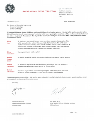 GE Optima XR200 and 220 amx and Brivo Xr285amx Urgent Medical Device Correction Dec 2015