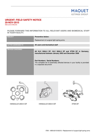 HLX 2004-5 DF, HLX 3004-5 DF Surgical Lights Urgent Field Safety Notice Nov 2015