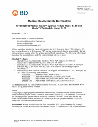 Model 8110 and 8120 Medical Device Safety Notification Nov 2017