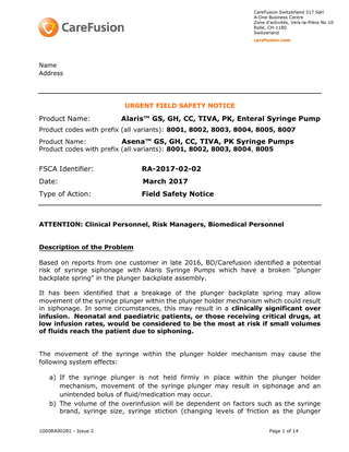 Alaris Syringe Pump Urgent Field Safety Notice March 2017