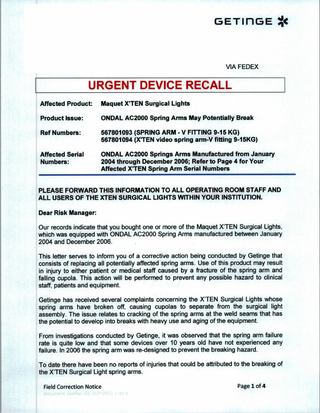 Maquet X'TEN Surgical Lights Urgent Device Recall Nov 2017