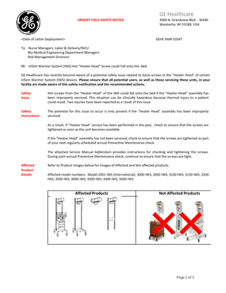 Infant Warmer Systems Urgent Field Safety Notice Sept 2016