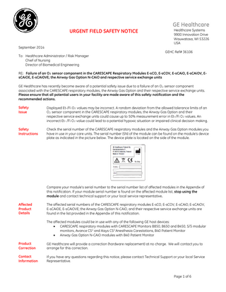 CARESCAPE Resp Module E-sXXX series and Gas Option N-CAiO Urgent Field Safety Notice Sept 2014