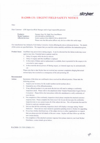 Pneumo Sure XL Urgent Field Safety Notice  Feb 2009