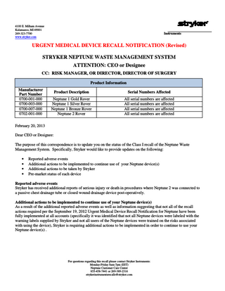 NEPTUNE 2 Urgent Medical Device Recall Notification Feb 2013