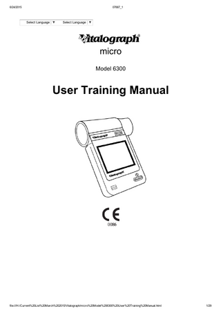 6/24/2015  07687_1  Table of Contents 1. Description of the Vitalograph micro 2. Main Components of the Vitalograph micro 3. Features of the Vitalograph micro 4. Getting the Vitalograph micro ready for use 5. Power Management in the Vitalograph micro 1. Battery Pack 2. Battery Low Detect 3. Power Save Mode 6. Operating the Vitalograph micro 1. New Subject Information 2. Performing a Test Session 3. Performing a Post Test Session 4. Configuration Menu 5. Reports and Printing 6. Storing Results 7. Accuracy/Calibration 7. Cleaning Instructions 1. Cleaning and Disinfecting the Vitalograph micro 2. Disassembling the Fleisch Flowhead 3. Reassembling the Fleisch Flowhead 8. Fault Finding Guide 9. Customer Service 10. Consumables and Accessories 11. Explanation of Symbols 12. Technical Specifications 13. CE Notice 14. FDA Notice 15. Declaration of Conformity 16. Guarantee  file:///H:/Current%20List%20March%202015/Vitalograph/micro%20Model%206300%20User%20Training%20Manual.html  3/29  