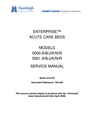 TABLE OF CONTENTS 1  INTRODUCTION  1-1  1.1  About This Manual... 1-1  1.2  Product Description ... 1-2  1.3  Contact Information... 1-4  2  OPERATIONAL MAINTENANCE  2.1  General ... 2-1  2.2  Cleaning... 2-1  2.3  Disinfecting ... 2-1  3  PREVENTIVE MAINTENANCE  3.1  General ... 3-2  3.2  Castors and Brakes ... 3-2  3.3  Backup Battery ... 3-2  4  TESTING  4.1  Power Operated Functions ... 4-1  4.2  Battery Operation ... 4-2  4.3  Manual Functions ... 4-2  5  TROUBLESHOOTING  5-1  6  SERVICING INSTRUCTIONS  6-1  6.1  General ... 6-1  6.2  Tools and Equipment ... 6-4  6.3  Brake Pedal – Replacement ... 6-5  6.4  Castors – Replacement ... 6-6  6.5  Mains Lead, Battery & Power Supply – Replacement (Model 5000)6-7  6.6  Mains Lead, Battery & Power Supply – Replacement (Model 5001)6-9  6.7  Base Junction Box – Replacement (Model 5001 only) ... 6-11  6.8  Control Box – Replacement ... 6-13  6.9  Junction Box/Underbed Light – Replacement ... 6-15  6.10  Attendant Control Panel (ACP) – Replacement... 6-16  6.11  Patient Handset – Replacement ... 6-17  6.12  Height Actuator – Replacement... 6-18  6.13  Backrest Actuator – Replacement... 6-20  6.14  Calf Actuator – Replacement ... 6-21  2-1  3-2  4-1  iii  746-446-7 04/08  