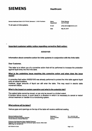 ARTIS table AX043-16 -S Safety Notice Regarding Corrective Field Action May 2017