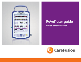 Table of contents ReVel® ventilator ...1–4 Operational set-up... 5–7 High pressure oxygen (O2) connection...8 Low pressure O2 connection...9 Power up...10 External power disconnection...11 Battery pack installation...12 Battery pack removal...13 Low pressure O2 blending flow set-up...14 Required O2 input flow determination...15 Delivered O2 concentration determination.16 Testing...17–19 Ventilator use...20–21 Front panel...22 Displays and indicators...23  LED display window...25–26 Controls...27 Alarms...28 Alarm configuration in Advanced Features menu...29 Lower interface panel...30–31 Patient settings...32 Set applicable Advanced Features...33–35 Advanced Features menus...36–40 PalmTop™ Docking Station...41 Docking station placement...42–45 Docking station release...46–47 Ventilator (Communication Status)...48 FiO2 sensor calibration...49 FiO2 monitoring alarms...50  Airway pressure manometer...24  FiO2 sensor disconnection...51 Notes...52–55  